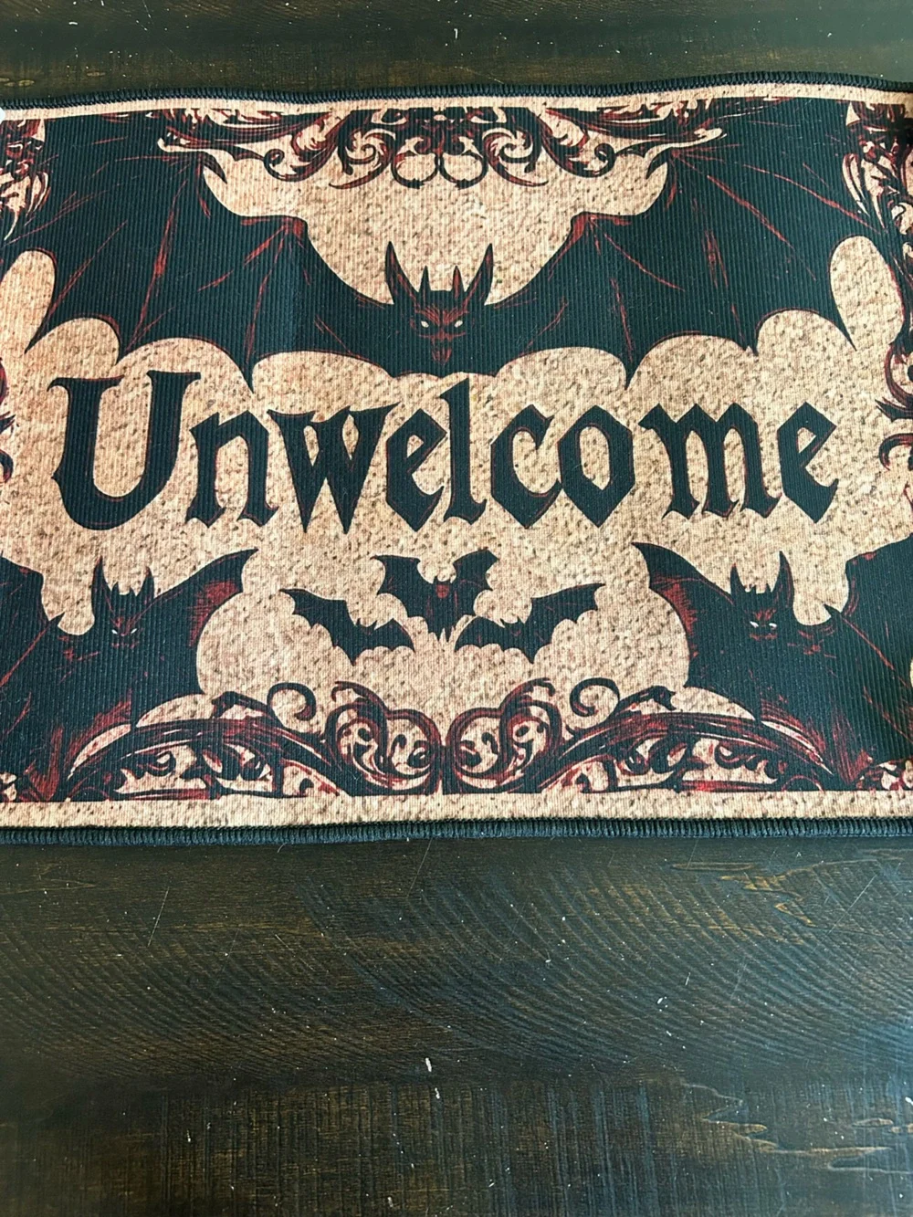 Unwelcome Gothic Bat Doormat - Black and Tan